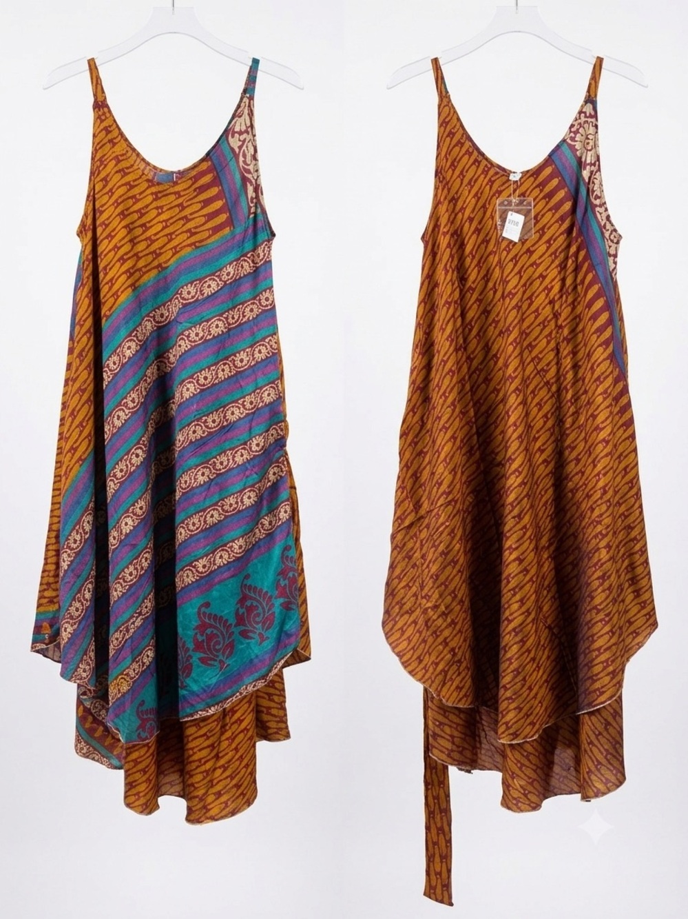Bohemian Multicolor Sleeveless Double Layer Shift Dress with belt - Picture 3 of 3